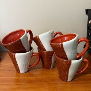 Set of 6 Pier 1 Canyon‎ Stripe Terracotta White Mid-Century Modern Retro Mug Set